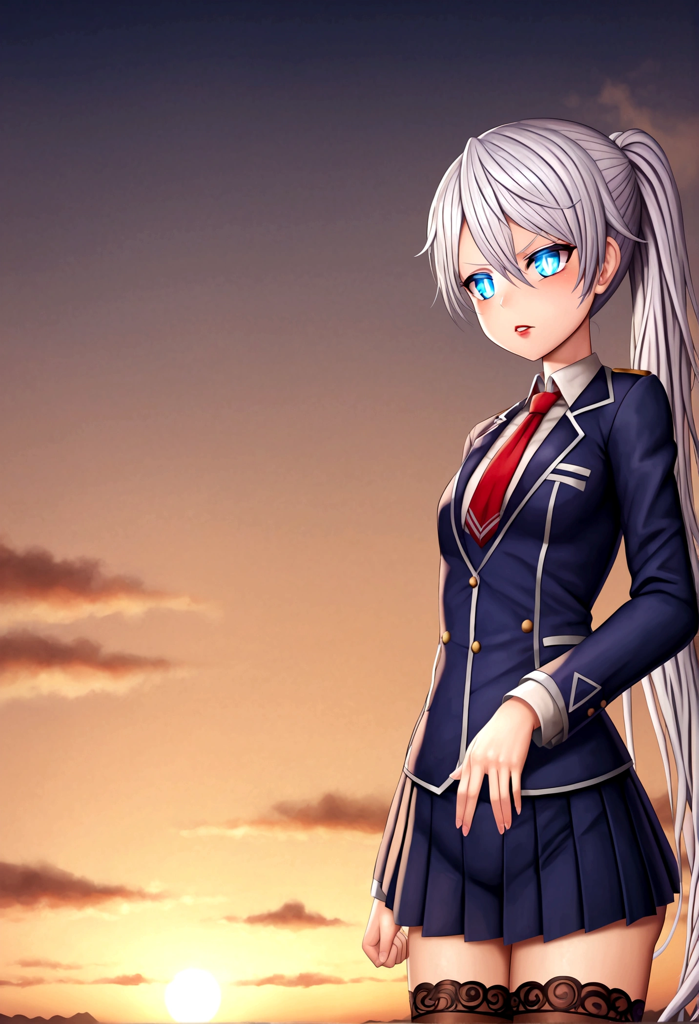 1girl, solo, kiana kaslana (herrscher of finality), looking to the side, from behind, ponytail, long ponytail, white hair, blue eyes, serious gaze, glowing eyes, solid eyes, sharp eyes, eyeliner, white pupils, bright pupils, slit pupils, purple scales, emotionless, glossy lips, parted lips, red lips, disgusted face, expressive face, small stature, slender body, wide hips, high school student outfit, long sleeves jacket, recruit shirt, white lace thigh highs, collar with tie, pleated short skirt, sunset, perfect face, perfect hands, perfect fingers, non human fingers, perfect design, perfect detailed eyes, beautiful detailed eyes, top quality, best quality, masterpiece, detailed outfit, super detailed, ultra detailed, highly detailed, cinematic lighting, perfect anatomy, CG:1.9, ultra detailed:1.9, ultra-detailed:1.9, high resolution:1.9, high res:1.9, absurdres:1.9, masterpiece:2, high quality:2, best quality:2, (ultra-detailed), (illustration), (disheveled hair), (beautiful detailed eyes), beautiful, amazing, detailed eyes, (masterpiece), best quality, ((ultra-detailed)), ((an extremely detailed and delicate)), (8k cg wallpaper), (stunning art), ((illustration)),pottsness style,all in one, official_art,