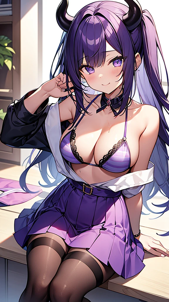 最high quality, high quality, 16K full body image, Ultra-detailed details, pretty girl, alone, beautiful purple hair, Beautiful purple eyes, Big Breasts, A light smile, Summer clothes, Summer Maid clothes, I'm lifting my skirt, Blue and white color striped underwear(Bikini swimsuit under skirt), My crotch is wet with love juice, {{A succubus who steals the face skin and maid uniform from the girl she likes and plays pranks on her、I'm wearing a maid outfit while pretending to be the girl I like.}}, The girl I like is a high school girl, Full body image, NSFW