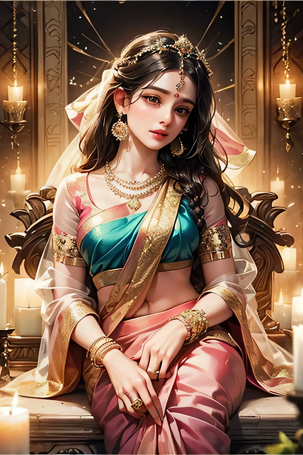 Goddess, very beautiful, animated style, closeup shot, anime in a (((combination indian traditional saree))) (((saree))) (((blouse))), long black wavy hair untied, head jewellery, head clips, head chains, head tiara, necklace, long and beautiful earings, armlets, bangles and bracelets, rings, pleasant expression, bright big black eyes, holding a flower, natural beauty, vibrant colors, dreamy, northern light, pink bubble, romantic, soft lighting, vintage aesthetic