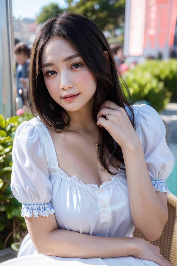 (8K, Raw photography, top-quality, masterpiece: 1.2), masterpiece, Super Detail, 超A high resolution, (Realistic and realistic photos: 1.37), high-definition RAW color photography, extremely delicate and beautiful, ighly detailed, 8K Wallpaper, astonishing, detaileds, extremely detailed eye, highlydetailed skin, extremely detailed fingers, highly detailed nose, highly detail mouth, perfect anatomia,1girl in, She is wearing a Rococo-style dress with sleeves worn by 18th century aristocrats, dress has a stomacher and petticoat, Blurry, Blurry background, Blurred foreground, blush, braid, Colossal , depth of fields, Dress, eyebrows visible through hair, frilld, gloves, hair between eye, Indoors, Jewelry, Looking at Viewer, Short hair, Sitting, solo, White Apron, window, Huge 、Nogizaka Idol、Korean Idol、hposing Gravure Idol、actress、25-years old、tall、cafes、restaurant、Italy、Americans、Australia,Korean Idol、Nogizaka Idol、、hposing Gravure Idol