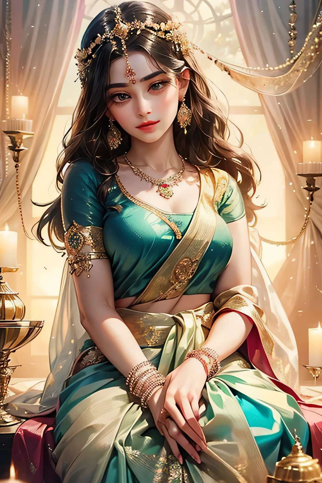 Goddess, very beautiful, animated style, closeup shot, anime in a (((combination indian traditional saree))) (((saree))) (((blouse))), long black wavy hair untied, head jewellery, head clips, head chains, head tiara, necklace, long and beautiful earings, armlets, bangles and bracelets, rings, pleasant expression, bright big black eyes, holding a flower, natural beauty, vibrant colors, dreamy, northern light, pink bubble, romantic, soft lighting, vintage aesthetic