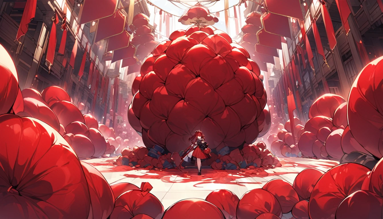 Lots of giant red silk pillows、