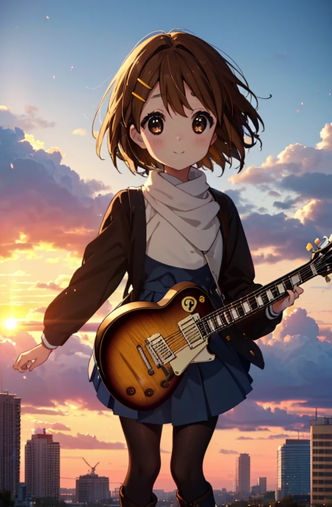 yuihirasawa, Yui Hirasawa, short hair, Brown Hair, hair ornaments, (Brown eyes:1.5),blush,smile,White oversized sweater, Black pleated skirt,White Pantyhose,short boots,Hair Clip,guitar(Gibson　Les Paul)Flip、smile、Overlooking the city from the top of the hill、Beautiful sunset、the wind is strong、whole bodyがイラストに入るように,
break otdoors, 丘
break looking at viewer, whole body、
break (masterpiece:1.2), Highest quality, High resolution, unity 8k wallpaper, (shape:0.8), (Beautiful and beautiful eyes:1.6), Highly detailed face, Perfect lighting, Highly detailed CG, (Perfect hands, Perfect Anatomy),