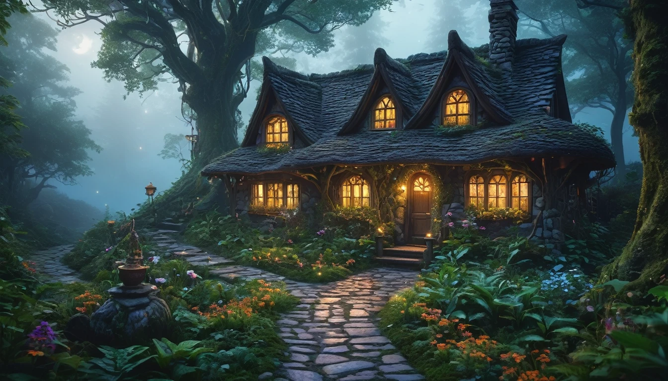 (best quality, 4k, 8k, highres, masterpiece:1.2), ultra-detailed, (realistic, photorealistic, photo-realistic:1.37), Cozy witch cottage deep in in the middle of a dense forest, enchanted forest, glowing mushrooms, whimsical treehouses, lush greenery, sparkling waterfalls, fairy lights, dainty flowers, serene atmosphere, fairy dust, ethereal beings, peaceful lakeside, cobblestone pathways, celestial stars, stunning architecture, mystical fog, harmonious colors, surreal ambiance, fairytale-like cottages, whispering winds, dream-like, imagination, tranquil haven, nocturnal magic, dense foliage, thick trees, overgrown vegetation, secluded, deep woods, night, overcast sky, thick clouds covering the sky