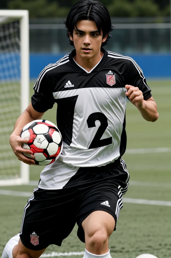 A brunette boy with black hair wearing a soccer jersey with the number 22 holding a ball anime style