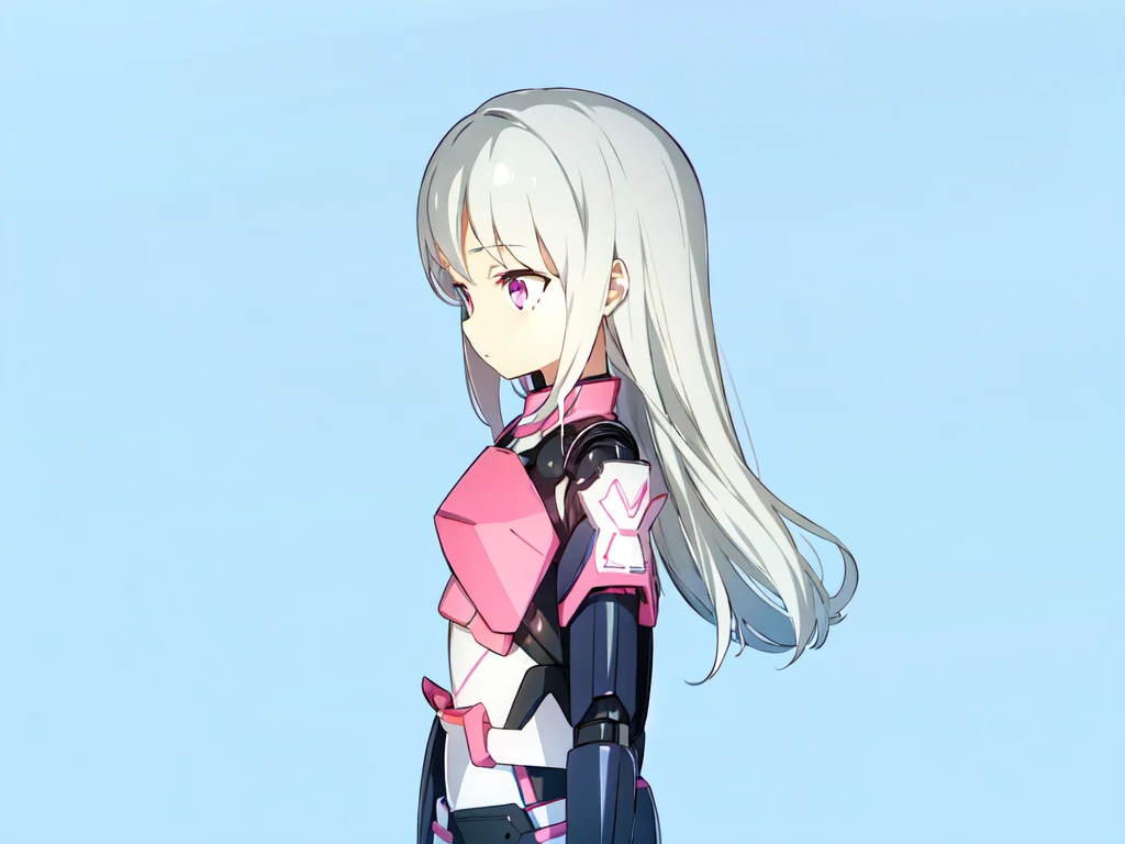 1girl, mecha musume, pink and black armor, light armor, standing, white hair, blue sky, pink eyes, long hair, looking away, looking at side,