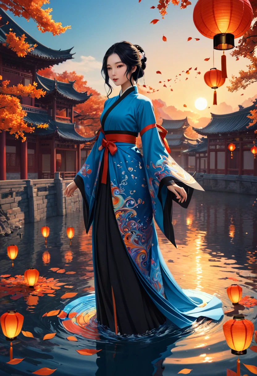 official art, unity 8k wallpaper, ultra detailed, beautiful and aesthetic, masterpiece, best quality, (Fire, water, ribbon, paper cutting), (fractal art:1.3) 1girl,building, (solo:1.5), chinese_clothes, sky, outdoors, wide_sleeves, black_hair, sunset, (falling_leaves:1.2), antern, (paper_lantern:1.5),blue sky, (outdoors:1.5),hanfu, (rainbow-candy:0.8), (style-swirlmagic:0.8),