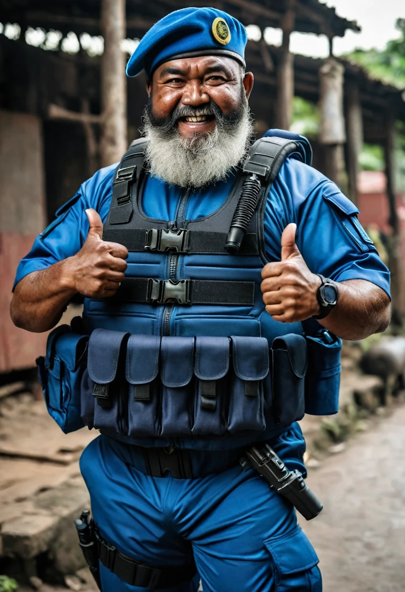 (a dark-skinned bearded fat old man in a bulky blue zipper diver suit) thumbs up, carrying a gun in holster and (wearing army beret), muscular, Basuki Abdullah, sumatraism, action, a character portrait, heroic, fierce, angry