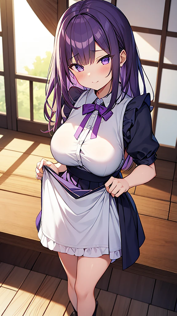 最high quality, high quality, 16K, Ultra-detailed details, pretty girl, alone, beautiful purple hair, Beautiful purple eyes, Big Breasts, A light smile, Summer clothes, Summer Maid clothes, I'm lifting my skirt, Blue and white color striped underwear(Bikini swimsuit under skirt), My crotch is wet with love juice, {{A succubus who steals the face skin and maid uniform from the girl she likes and plays pranks on her、好きな女の子のフリをしながらメイド服を着てます}}, Full body image, NSFW