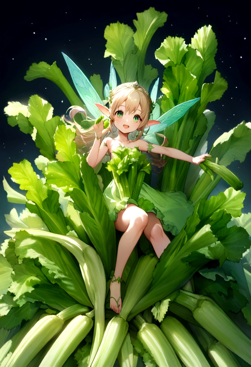 a fairy flying over a pile of Celery, holding one Celery on her hand