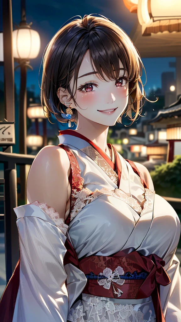 One girl, (No sleeve, Lace dress:1.6),(RAW Photos, Highest quality:1.4), (Realistic, photo-Realistic:1.4), masterpiece, Very delicate and beautiful, Very detailed, 2k wallpaper, wonderful, In detail, Very detailed CG unity 8k wallpaper, Super detailed, High resolution, Soft Light, Beautiful detailed girl, Very detailed eyes and face, Beautifully detailed nose, Beautiful attention to detail,Cinema Lighting,(Blurred,Bokeh Background:1.6),(city, night:2.0),Perfect Anatomy,(Slender body:1.0),(Face close-up,Focus Face:1.6),(Smiling Kindly,Friendly, warm:1.8),(View your viewers:1.8), (short hair:1.6), (Japanese Idols:1.8), (Brown eyes:1.4),(Are standing:1.6),(Cleavage:0.8),