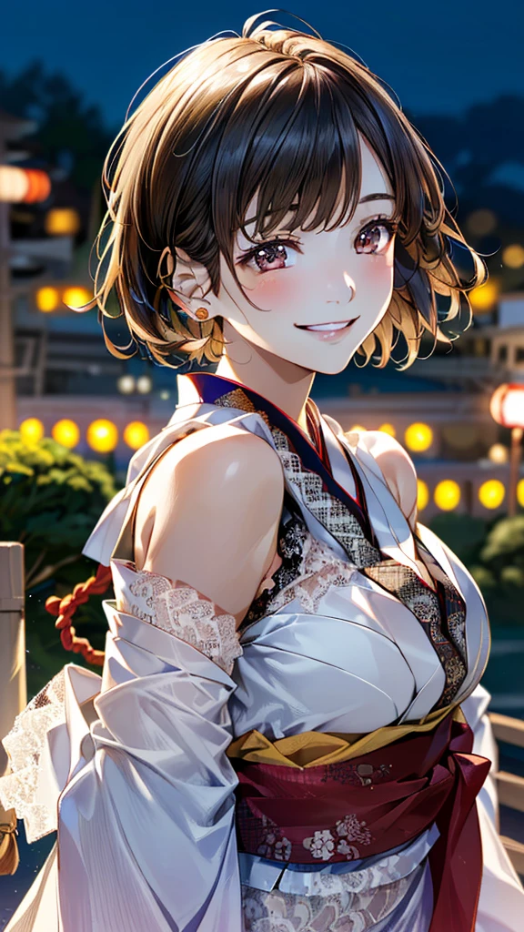 One girl, (No sleeve, Lace dress:1.6),(RAW Photos, Highest quality:1.4), (Realistic, photo-Realistic:1.4), masterpiece, Very delicate and beautiful, Very detailed, 2k wallpaper, wonderful, In detail, Very detailed CG unity 8k wallpaper, Super detailed, High resolution, Soft Light, Beautiful detailed girl, Very detailed eyes and face, Beautifully detailed nose, Beautiful attention to detail,Cinema Lighting,(Blurred,Bokeh Background:1.6),(city, night:2.0),Perfect Anatomy,(Slender body:1.0),(Face close-up,Focus Face:1.6),(Smiling Kindly,Friendly, warm:1.8),(View your viewers:1.8), (short hair:1.6), (Japanese Idols:1.8), (Brown eyes:1.4),(Are standing:1.6),(Cleavage:0.8),