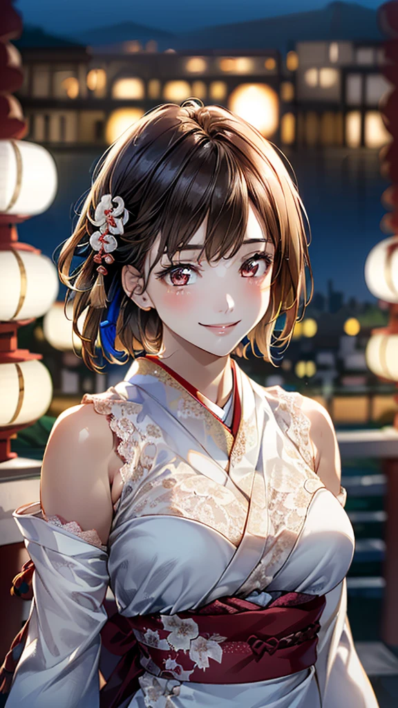 One girl, (No sleeve, Lace dress:1.6),(RAW Photos, Highest quality:1.4), (Realistic, photo-Realistic:1.4), masterpiece, Very delicate and beautiful, Very detailed, 2k wallpaper, wonderful, In detail, Very detailed CG unity 8k wallpaper, Super detailed, High resolution, Soft Light, Beautiful detailed girl, Very detailed eyes and face, Beautifully detailed nose, Beautiful attention to detail,Cinema Lighting,(Blurred,Bokeh Background:1.6),(city, night:2.0),Perfect Anatomy,(Slender body:1.0),(Face close-up,Focus Face:1.6),(Smiling Kindly,Friendly, warm:1.8),(View your viewers:1.8), (short hair:1.6), (Japanese Idols:1.8), (Brown eyes:1.4),(Are standing:1.6),(Cleavage:0.8),
