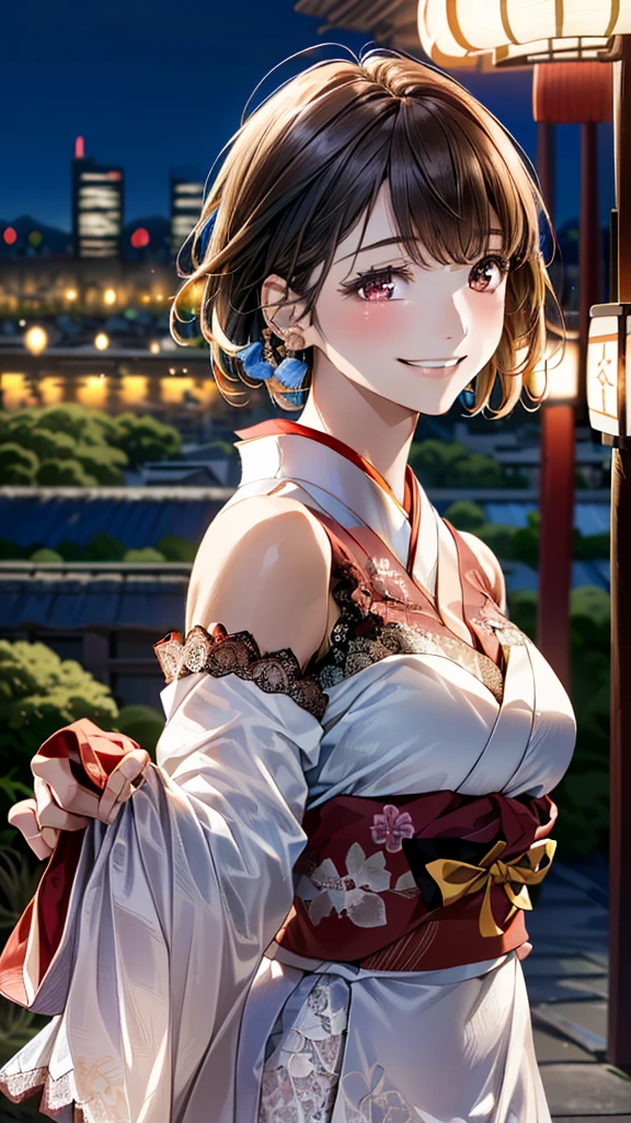 One girl, (No sleeve, Lace dress:1.6),(RAW Photos, Highest quality:1.4), (Realistic, photo-Realistic:1.4), masterpiece, Very delicate and beautiful, Very detailed, 2k wallpaper, wonderful, In detail, Very detailed CG unity 8k wallpaper, Super detailed, High resolution, Soft Light, Beautiful detailed girl, Very detailed eyes and face, Beautifully detailed nose, Beautiful attention to detail,Cinema Lighting,(Blurred,Bokeh Background:1.6),(city, night:2.0),Perfect Anatomy,(Slender body:1.0),(Face close-up,Focus Face:1.6),(Smiling Kindly,Friendly, warm:1.8),(View your viewers:1.8), (short hair:1.6), (Japanese Idols:1.8), (Brown eyes:1.4),(Are standing:1.6),(Cleavage:0.8),