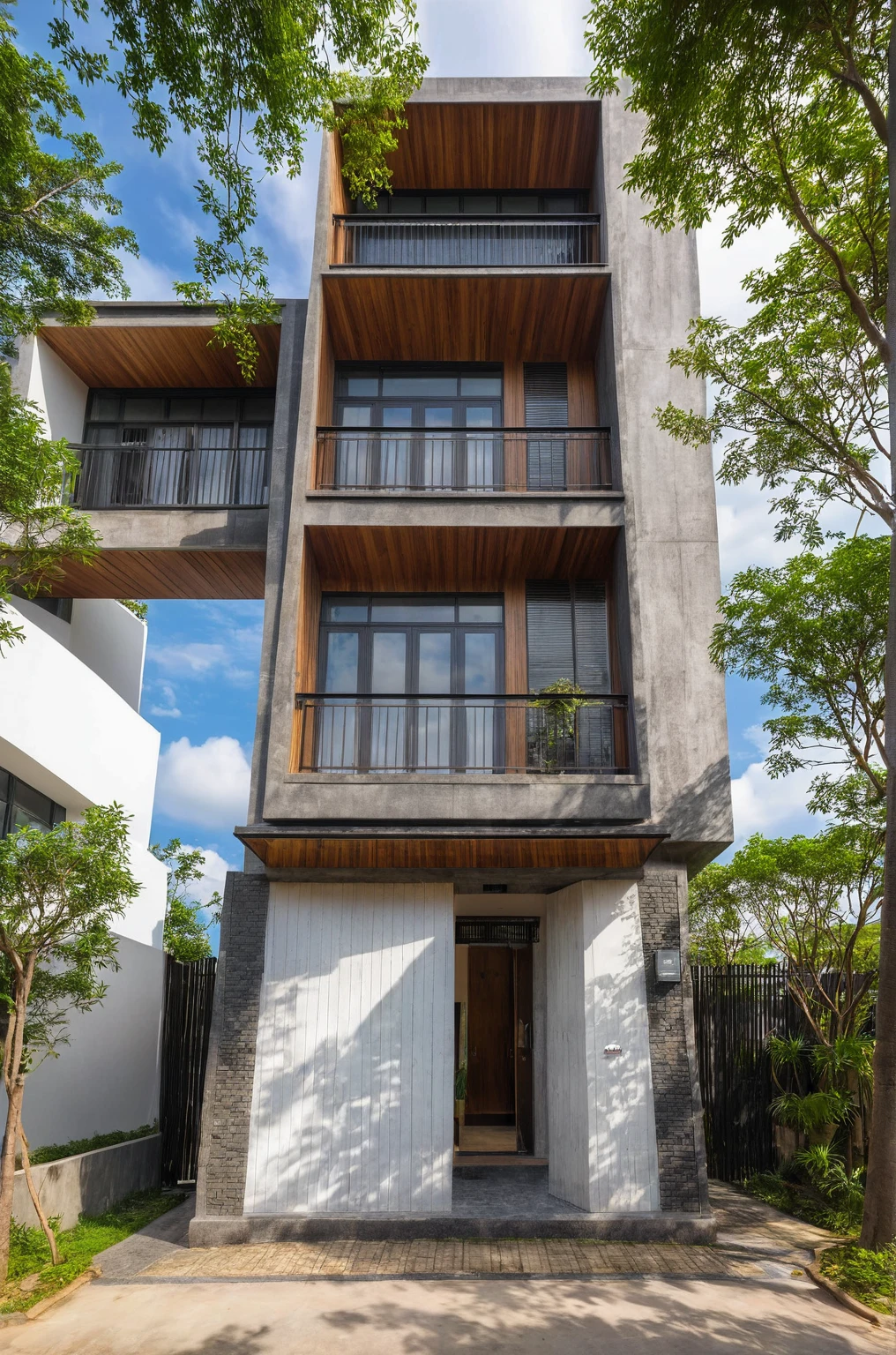A 2-story house in Da Lat, captured in crisp morning light. This contemporary abode showcases a mix of contemporary dark granite, whitewash, expansive glass, concrete and wood accents, surrounded by greenery and stone details. Crafted by Vo Trong Nghia, the house exudes a peaceful and elegant space, perfectly suited to its landscape location.