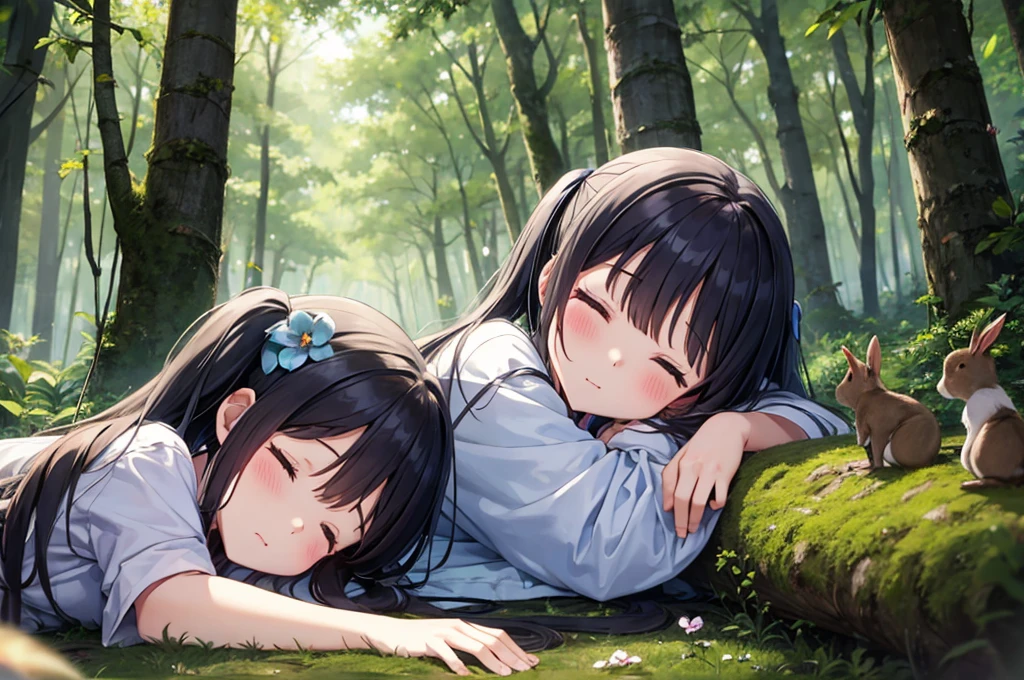 Light blue long hair、Little beautiful girl with twin tails、Bright Forest、wood々Sunlight shining through、Lie comfortably in a forest filled with blooming orchids、Sleepy face、Cute squirrels and rabbits also appear