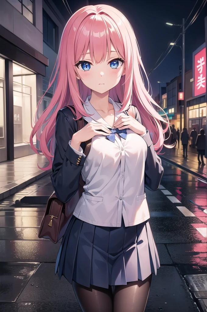 nodokaharamura, nodoka haramura, blue eyes, hair bow, long hair, pink hair, bow,
BREAK blue skirt, kiyosumi , pleated skirt,serafuku, skirt,
BREAK looking at viewer,
BREAK indoors, city,night,neon lights,rain,wet road,reflections
BREAK (masterpiece:1.2), best quality, high resolution, unity 8k wallpaper, (illustration:0.8), (beautiful detailed eyes:1.6), extremely detailed face, perfect lighting, extremely detailed CG, (perfect hands, perfect anatomy),black pantyhose, full body, standing in street, wet uniform,bra vissible,nipples.