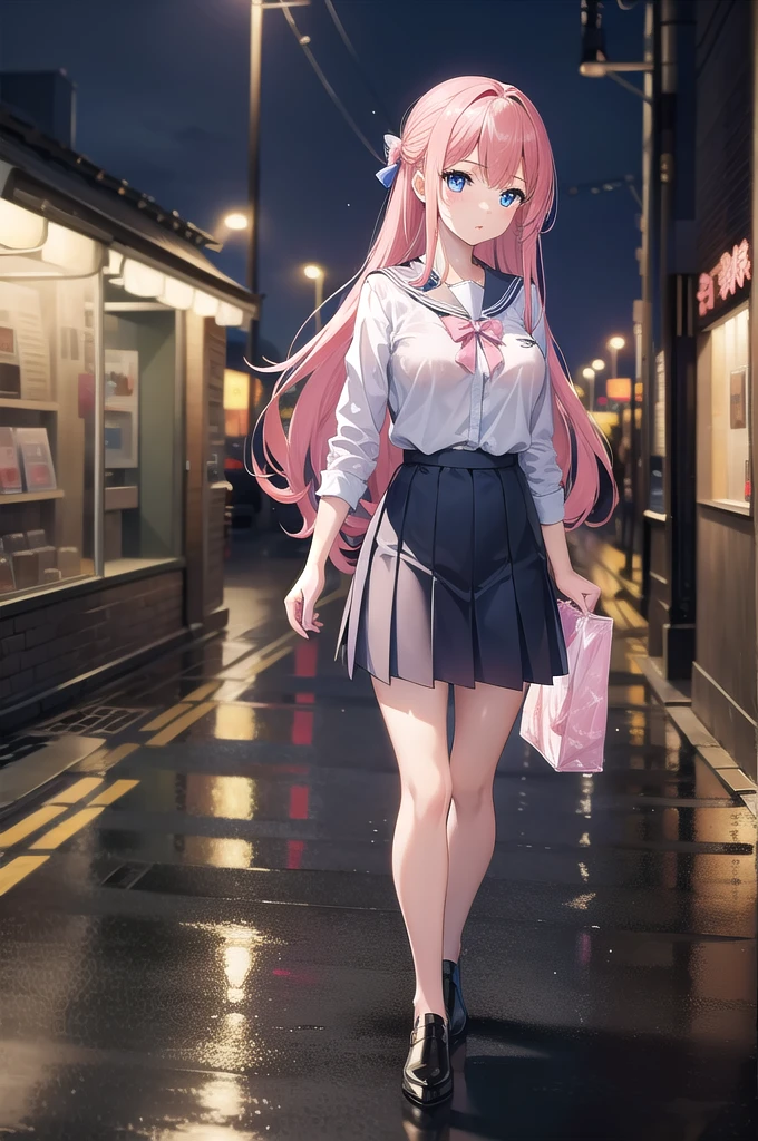 nodokaharamura, nodoka haramura, blue eyes, hair bow, long hair, pink hair, bow, BREAK blue skirt, kiyosumi , pleated skirt,serafuku, skirt, BREAK looking at viewer, BREAK indoors, city,night,neon lights,rain,wet road,reflections BREAK (masterpiece:1.2), best quality, high resolution, unity 8k wallpaper, (illustration:0.8), (beautiful detailed eyes:1.6), extremely detailed face, perfect lighting, extremely detailed CG, (perfect hands, perfect anatomy),black pantyhose,pantyhose, full body, standing in street,skinny fit,from behind,back view,upskirt,showing ass, panties,wet panties,camel toe