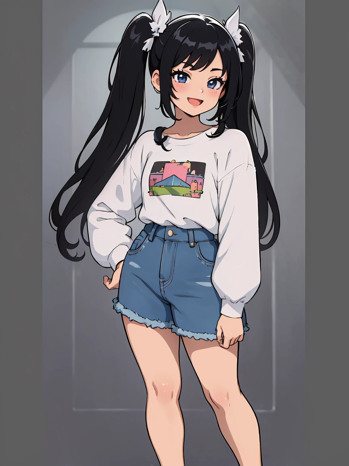 (masterpiece), (best quality), (detailed), anime screencap, lineart, sketch, (1girl), solo, twin tails, black hair, long hair, smile, :D, casual clothes, fully clothed, full body shot, standing, posing, model pose, ambient soft lighting, (simple background:1.2), 