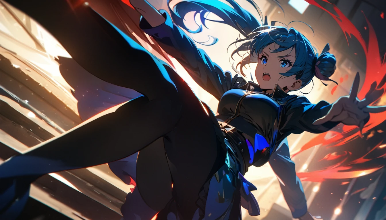 1girl, twintail girl, fighting, high kick, anime style, perfect face, long eyelashes, cinematic angle, cinematic lighting, cinematic shadows, dynamic pose, (best quality,8k,highres,:1.2),ultra-detailed,vivid colors,HDR,UHD,studio lighting,ultra-fine painting,sharp focus,physically-based rendering,extreme detail description,professional
