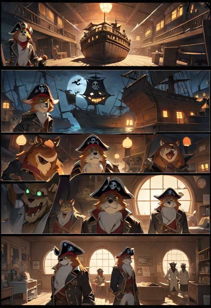 top quality, best quality, High-quality illustrations, masterpiece, super high resolution, detailed background, Hospitals with power outages, Spooky creatures, Pirate Ship, a pirate, boys, girls, absurdres(highly detailed beautiful face and eyes)perfect anatomy, expression, good lighting, cinematic shadow(kemono, furry anthro),