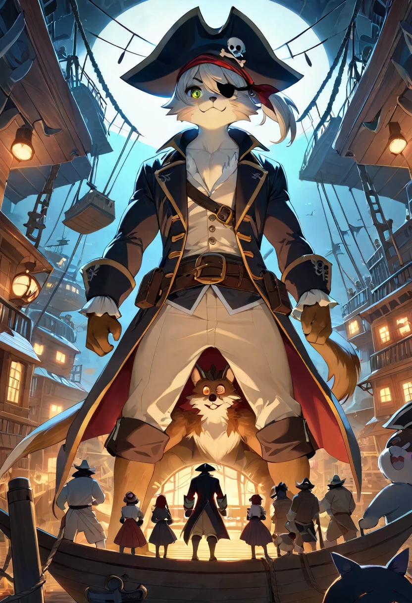 top quality, best quality, High-quality illustrations, masterpiece, super high resolution, detailed background, Hospitals with power outages, Spooky creatures, Pirate Ship, a pirate, boys, girls, absurdres(highly detailed beautiful face and eyes)perfect anatomy, expression, good lighting, cinematic shadow(kemono, furry anthro),