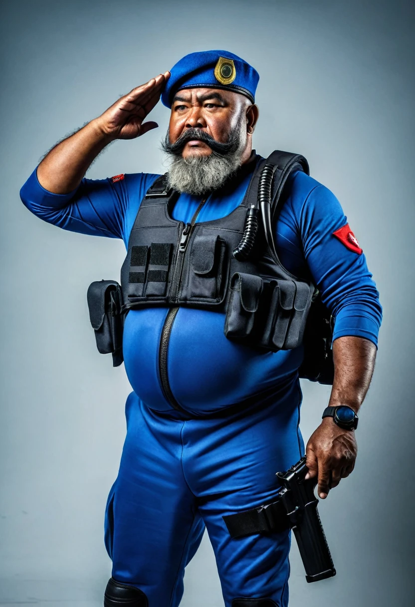 (a dark-skinned bearded fat old man in a bulky blue zipper diver suit) saluting, carrying a gun in holster and (wearing army beret), muscular, Basuki Abdullah, sumatraism, action, a character portrait, heroic, fierce, angry