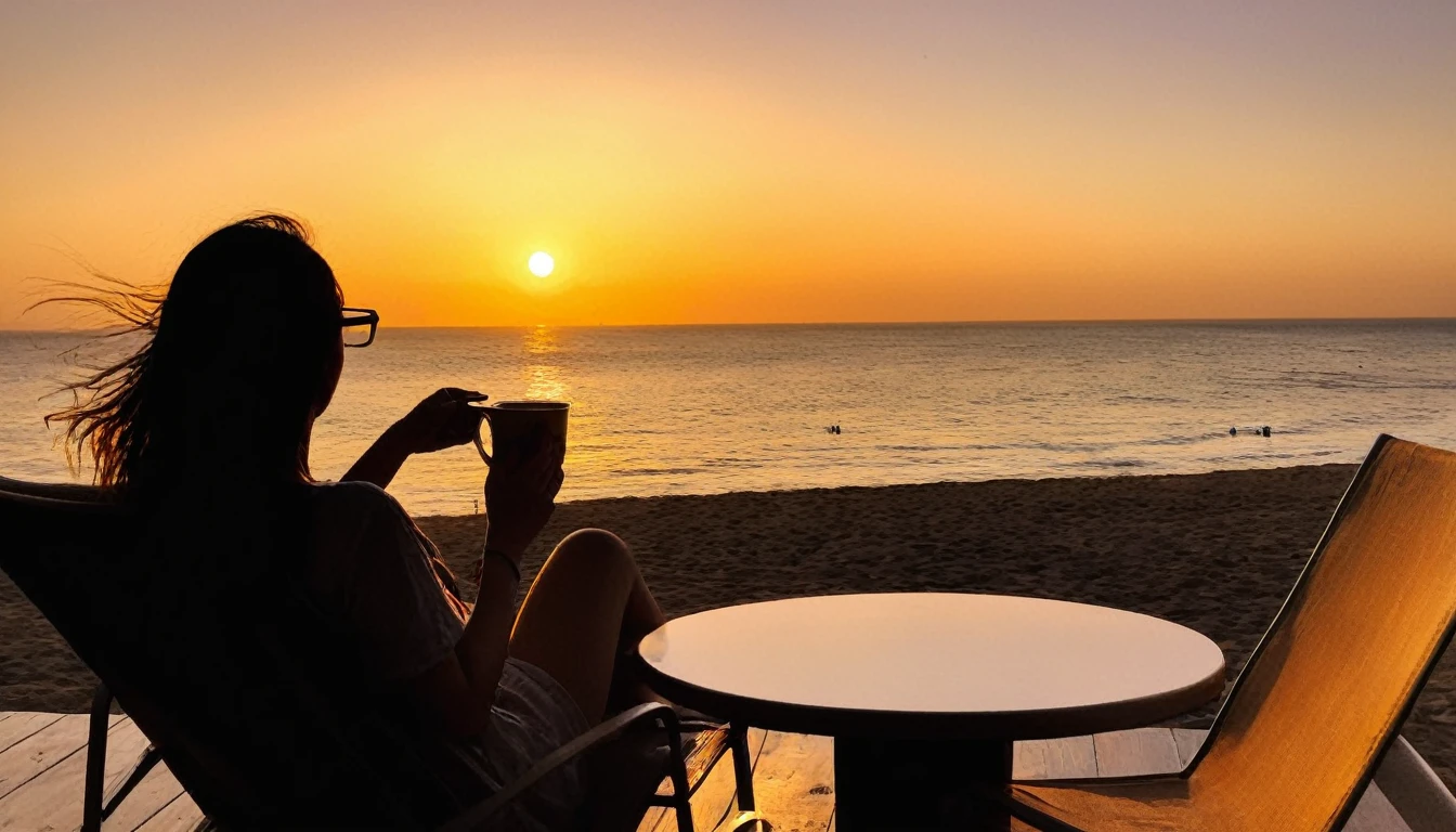 Arafif sits in a chair、A coffee cup is placed on the table, ビーチのWatching the sunset, 浜辺でWatching the sunset少女, relax time. Nice view, Watching the sunset, Santa monica, Sunset view, Palm Palm,美しいWatching the sunset, Warm and beautiful scenery, Relaxed atmosphere, Set the date, With the sunset, Sunset time, Watching the sunset, When the sun goes down