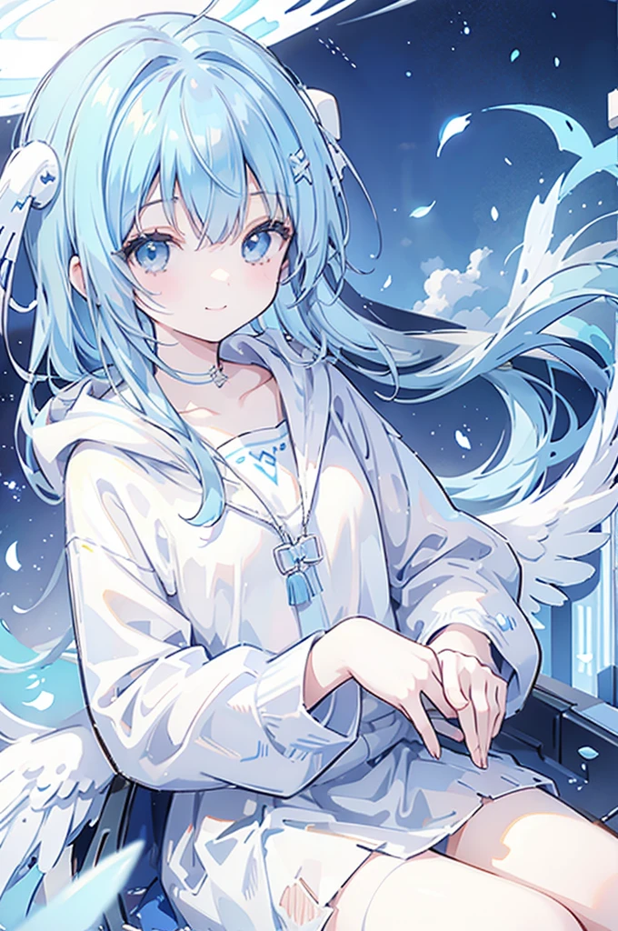 Light blue hair、cute、smile、Angel、小さいAngelの羽、Shaggy hoodie、There&#39;s a bird on my shoulder