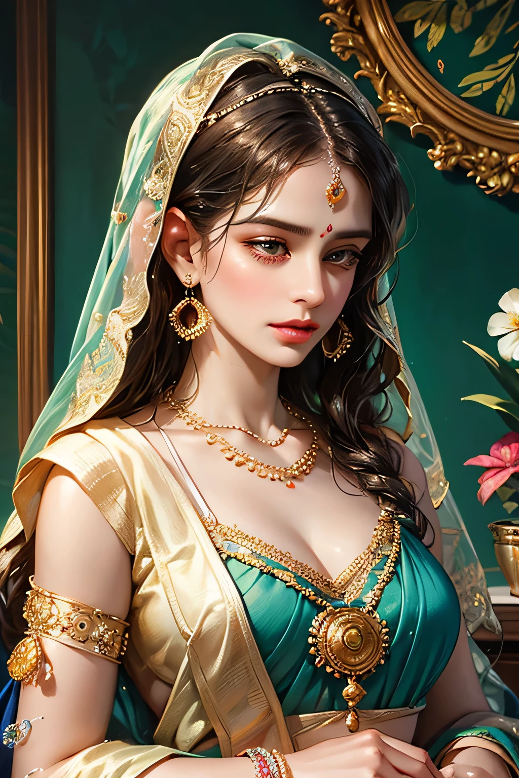 painting of a woman in a colorful sari with a necklace and earrings, beautiful character painting, painting of beautiful, indian art, traditional beauty, beautiful art uhd 4 k, beautiful digital artwork, very beautiful portrait, beautiful digital painting, detailed beautiful portrait, gorgeous woman, stunning digital painting, beautiful portrait, beautiful digital art, stunning portrait, beautiful gorgeous digital art, indian