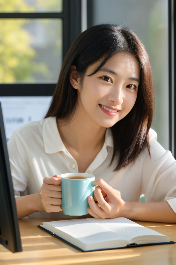 masterpiece, best quality, ultra-detailed, 8k uhd, 1 Japanese woman in her 20s, smiling, relaxed expression, sitting at desk, taking online exam, computer screen with exam interface, timer on screen, home office setting, natural lighting from window, books, papers, coffee mug on desk, confident pose, happy mood, (photorealistic:1.2), (soft lighting:1.1), (depth of field:1.1)