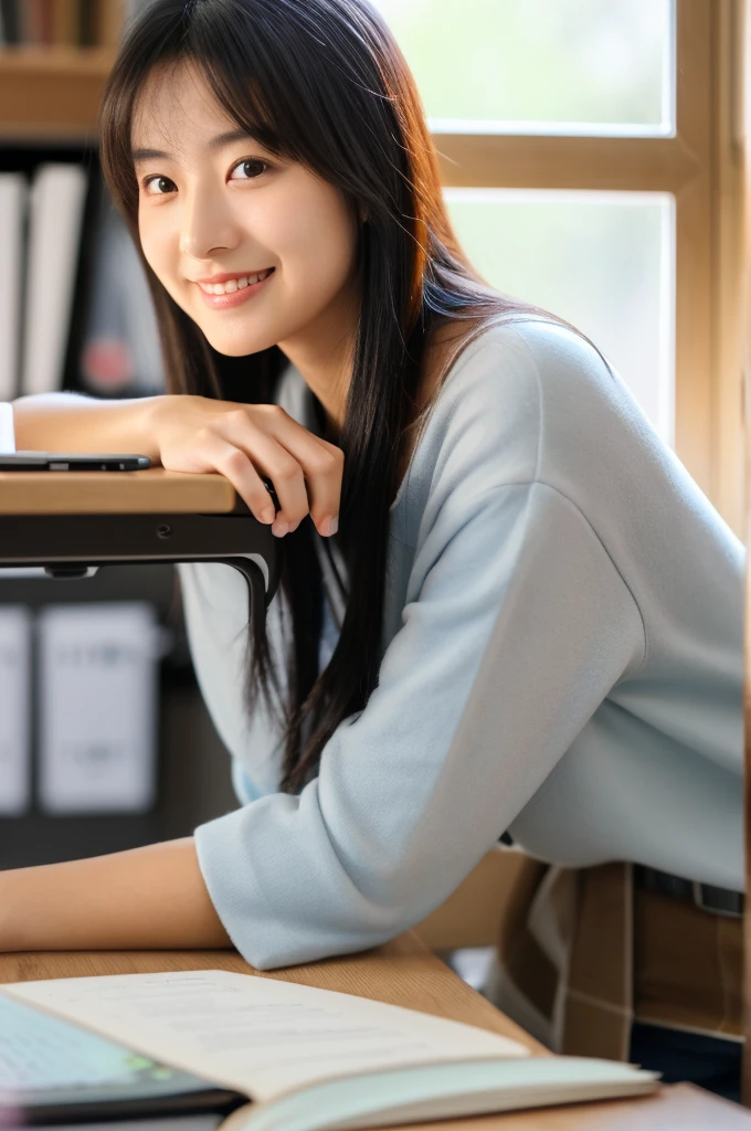 masterpiece, best quality, ultra-detailed, 8k uhd, 1 Japanese woman in her 20s, smiling, relaxed expression, sitting at desk, taking online exam, computer screen with exam interface, timer on screen, home office setting, natural lighting from window, books, papers, coffee mug on desk, confident pose, happy mood, (photorealistic:1.2), (soft lighting:1.1), (depth of field:1.1)