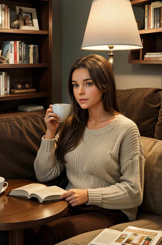 Illustration for a book and magazines, a girl with brown hair, reading a book, a cup of hot tea on the table next to her, a bookcase in the background, a lamp nearby, sitting on the sofa