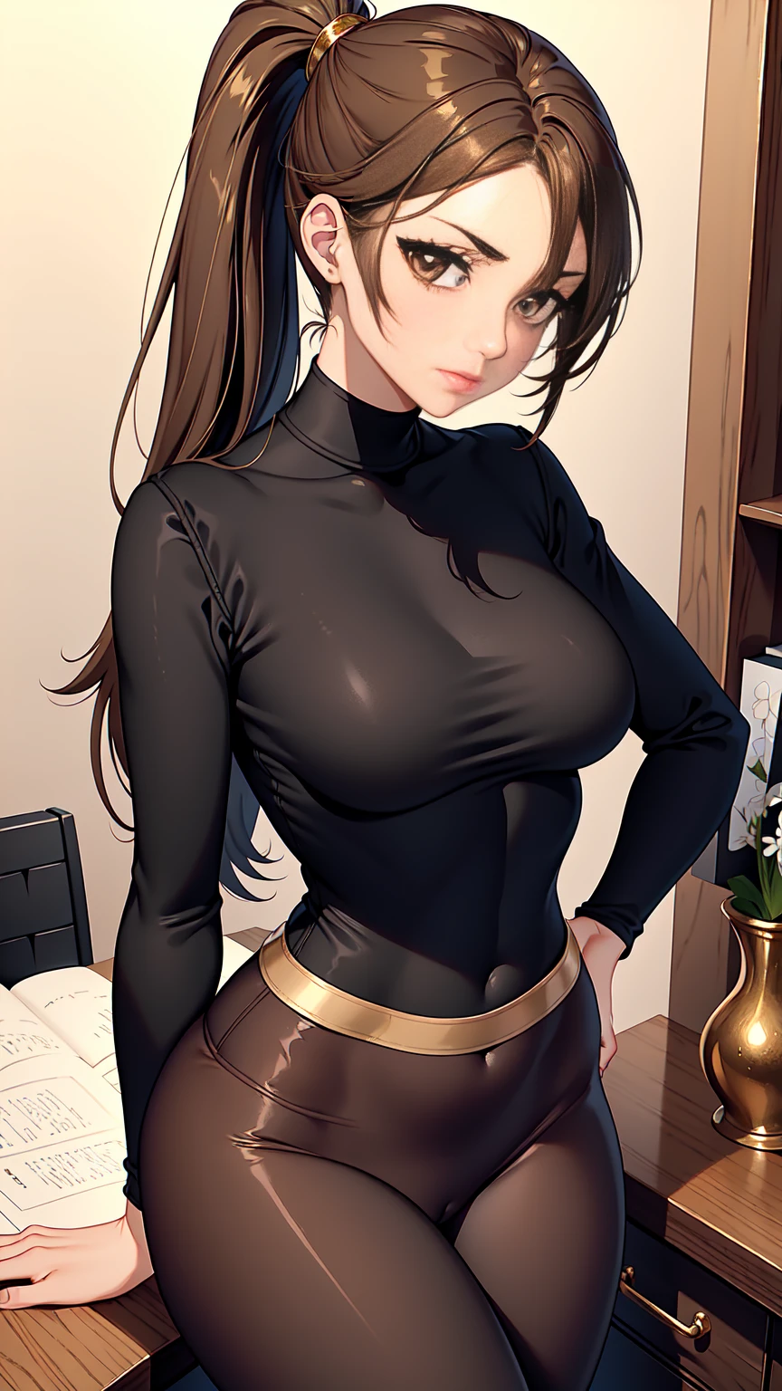 Beautiful woman with mid straight ponytail brown hair with brown eyes wearing Black Tight Leggings, Beige Sexy Mock Neck Mid Sleeves Blouse,18k gold wedding ring on left hand, standing with cross-legged in her office room at night, (caucasian skin), (light brown lipstick), (elegant mascara), (slim body), (small breasts), (wide hips), midjourney, <lora:GoodHands-, <lora:GoodLegs-, UHD, high resolution, (expressive eyes, perfect face, full body, expressive face, perfect body, perfect pussy, athletic, fit, slim body, blushing, Perfect makeup, eyeliner, beautiful eyelashes, smiling, horny face), ((best illumination, best shadows)), ((sexy pose))