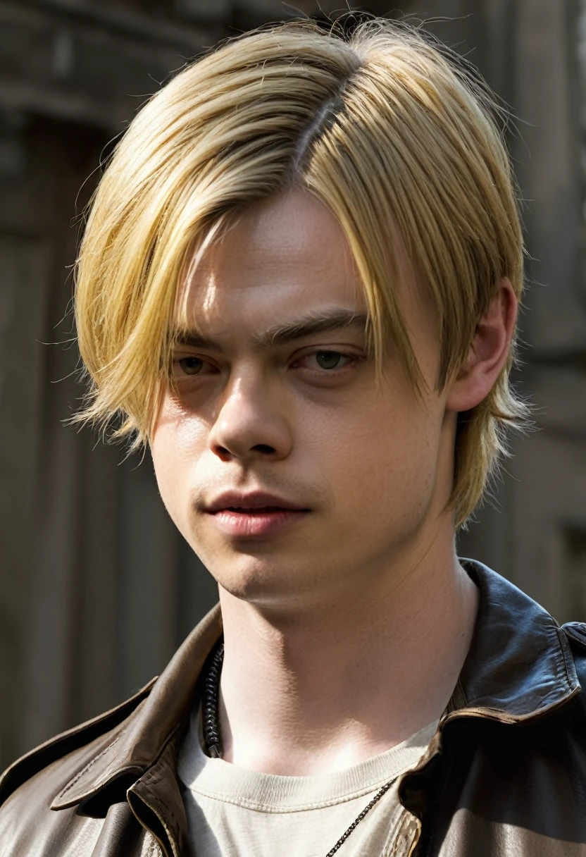 Dane DeHaan with golden hair as Leon Scott Kennedy from game Resident Evil 4