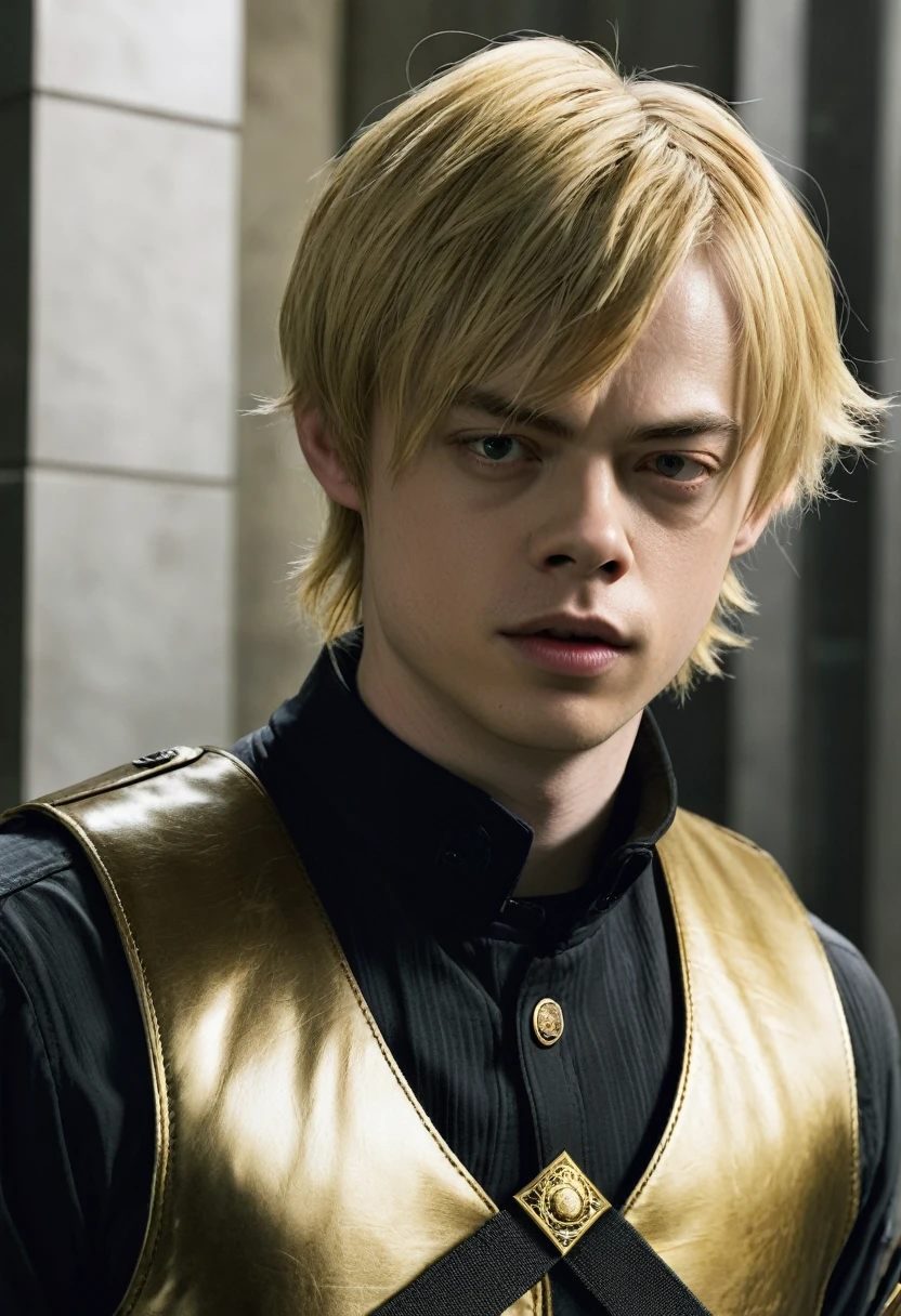 Dane DeHaan with golden hair as Leon Scott Kennedy from game Resident Evil 4 