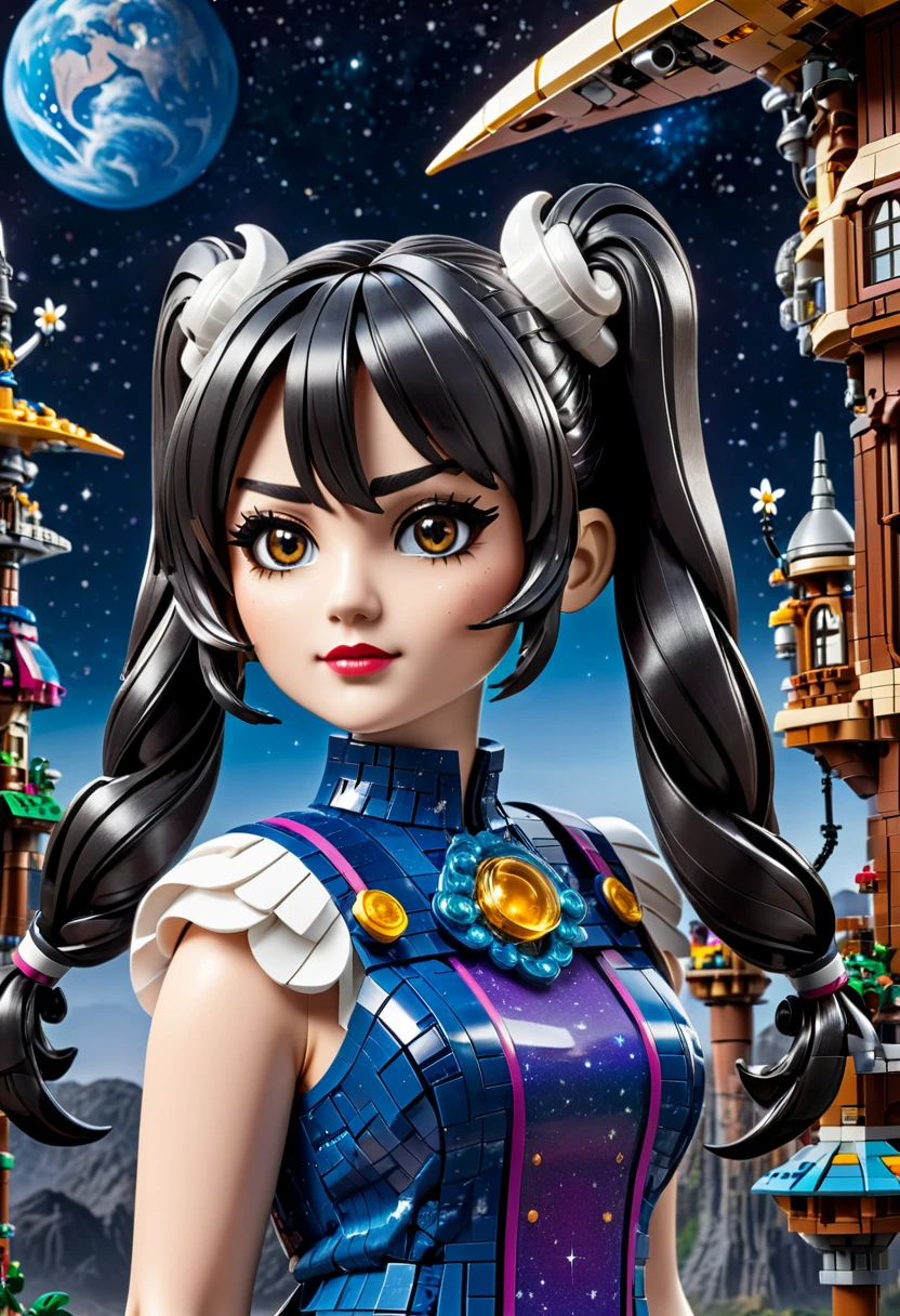 best quality, very good, 16K, ridiculous, Very detailed, Twin Tails，Made of Lego, Background space（（A masterpiece full of fantasy elements）））， （（best quality））， （（Intricate details））（8K）