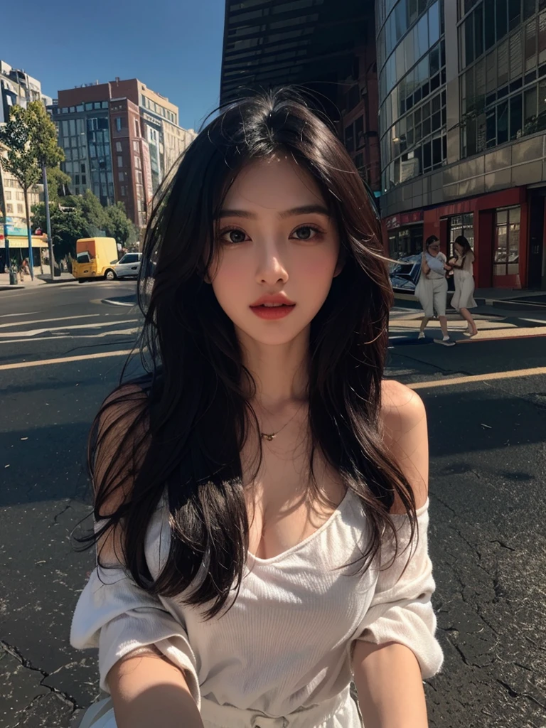 one girl,Beutiful women, In the city,During the day,Wearing a white camisole,Long Hair,Black hair color
