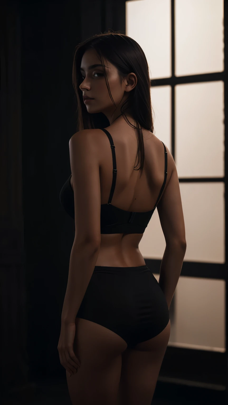 Best quality, masterpiece, ultra high res, (photorealistic:1.4), raw photo, 1girl, waist up, deep shadow, dark theme, cinematic, beautiful girl, beautiful eyes, turned back