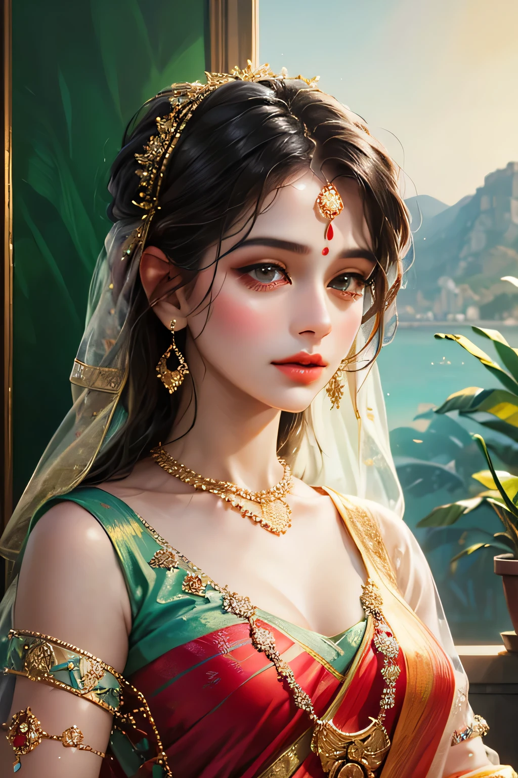 painting of a woman in a colorful sari with a necklace and earrings, beautiful character painting, painting of beautiful, indian art, traditional beauty, beautiful art uhd 4 k, beautiful digital artwork, very beautiful portrait, beautiful digital painting, detailed beautiful portrait, gorgeous woman, stunning digital painting, beautiful portrait, beautiful digital art, stunning portrait, beautiful gorgeous digital art, indian