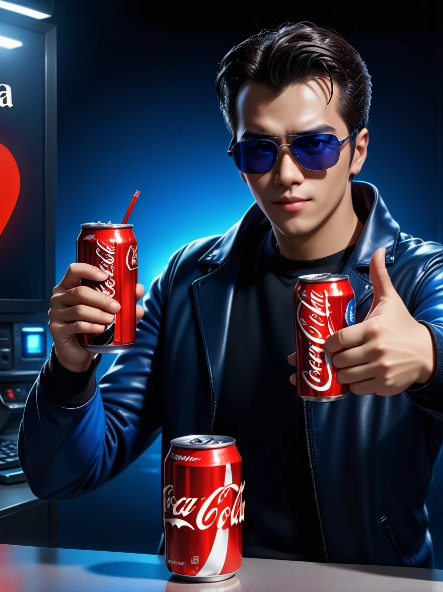 junkotvvxl presenting a choice of two drinks resting on his hands with open palms, can of coca-cola, can of pepsi, junkotvvxl, The Matrix, Reflective glasses, heart emoji underneath the coca-cola, dark blue thumbs up emoji below the can of pepsi, 8K HDR, Studio quality, Cinematic, intense, dramatic,