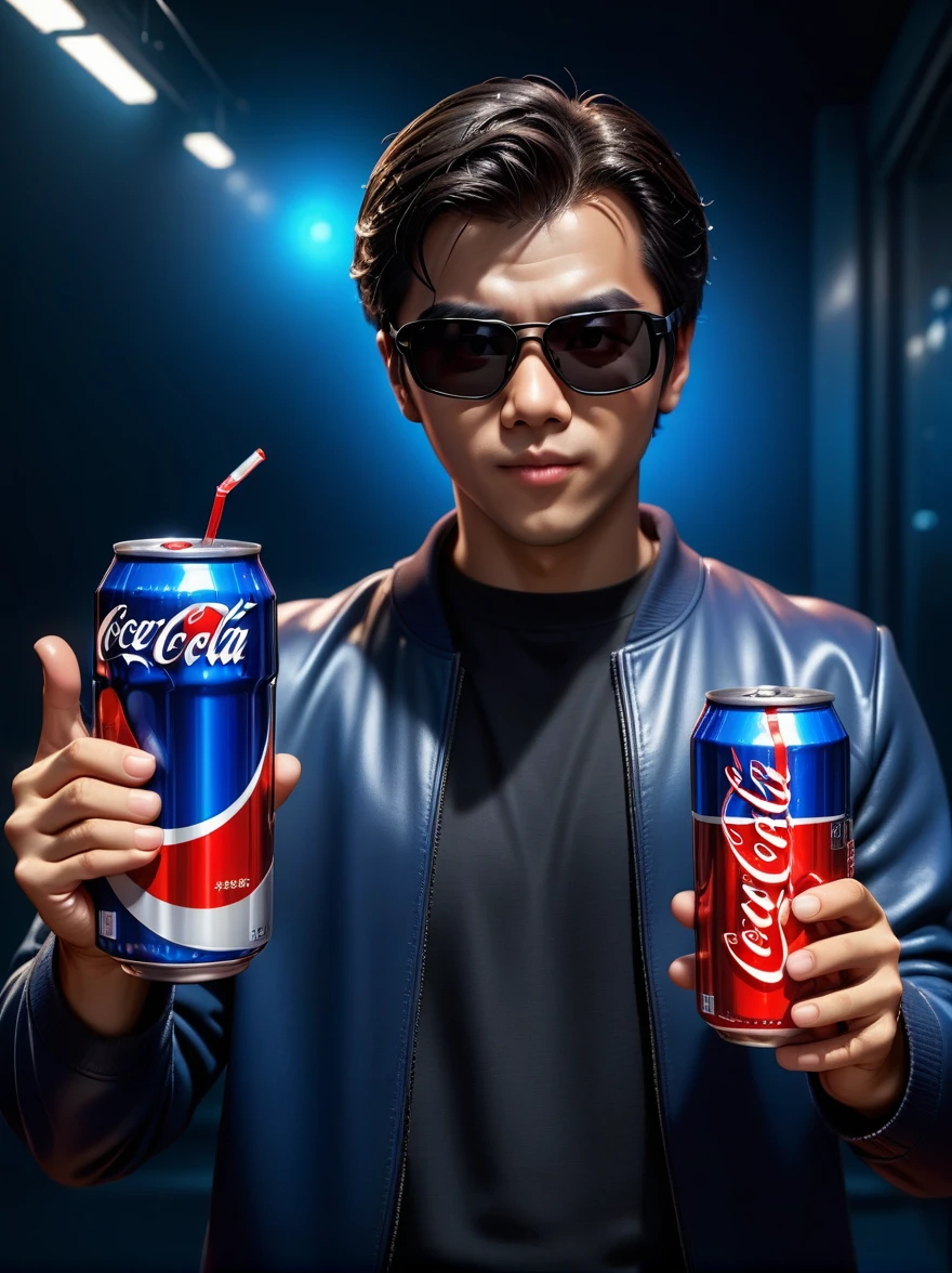 junkotvvxl presenting a choice of two drinks resting on his hands with open palms, can of coca-cola, can of pepsi, junkotvvxl, The Matrix, Reflective glasses, heart emoji underneath the coca-cola, dark blue thumbs up emoji below the can of pepsi, 8K HDR, Studio quality, Cinematic, intense, dramatic,