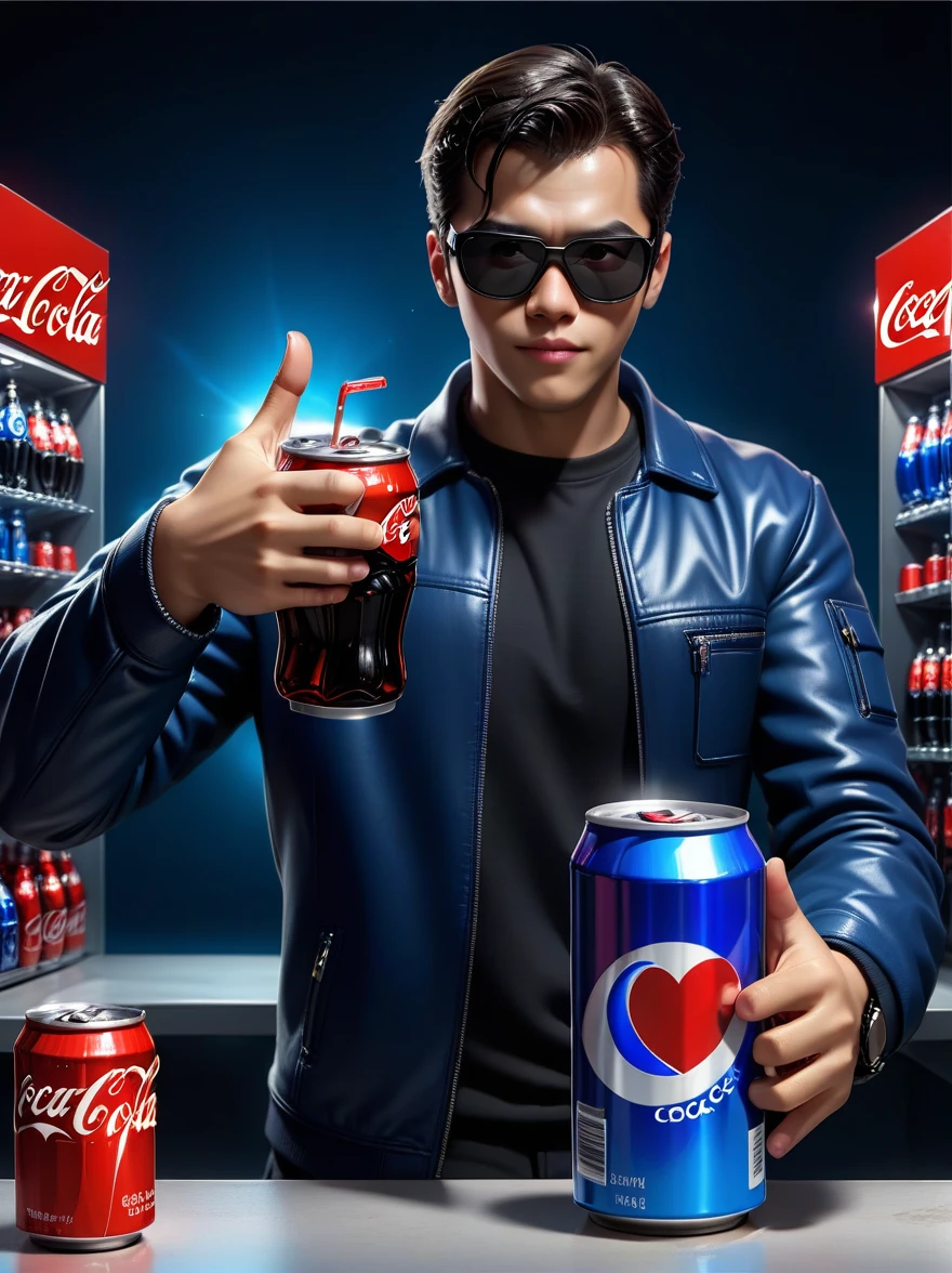 junkotvvxl presenting a choice of two drinks resting on his hands with open palms, can of coca-cola, can of pepsi, junkotvvxl, The Matrix, Reflective glasses, heart emoji underneath the coca-cola, dark blue thumbs up emoji below the can of pepsi, 8K HDR, Studio quality, Cinematic, intense, dramatic,