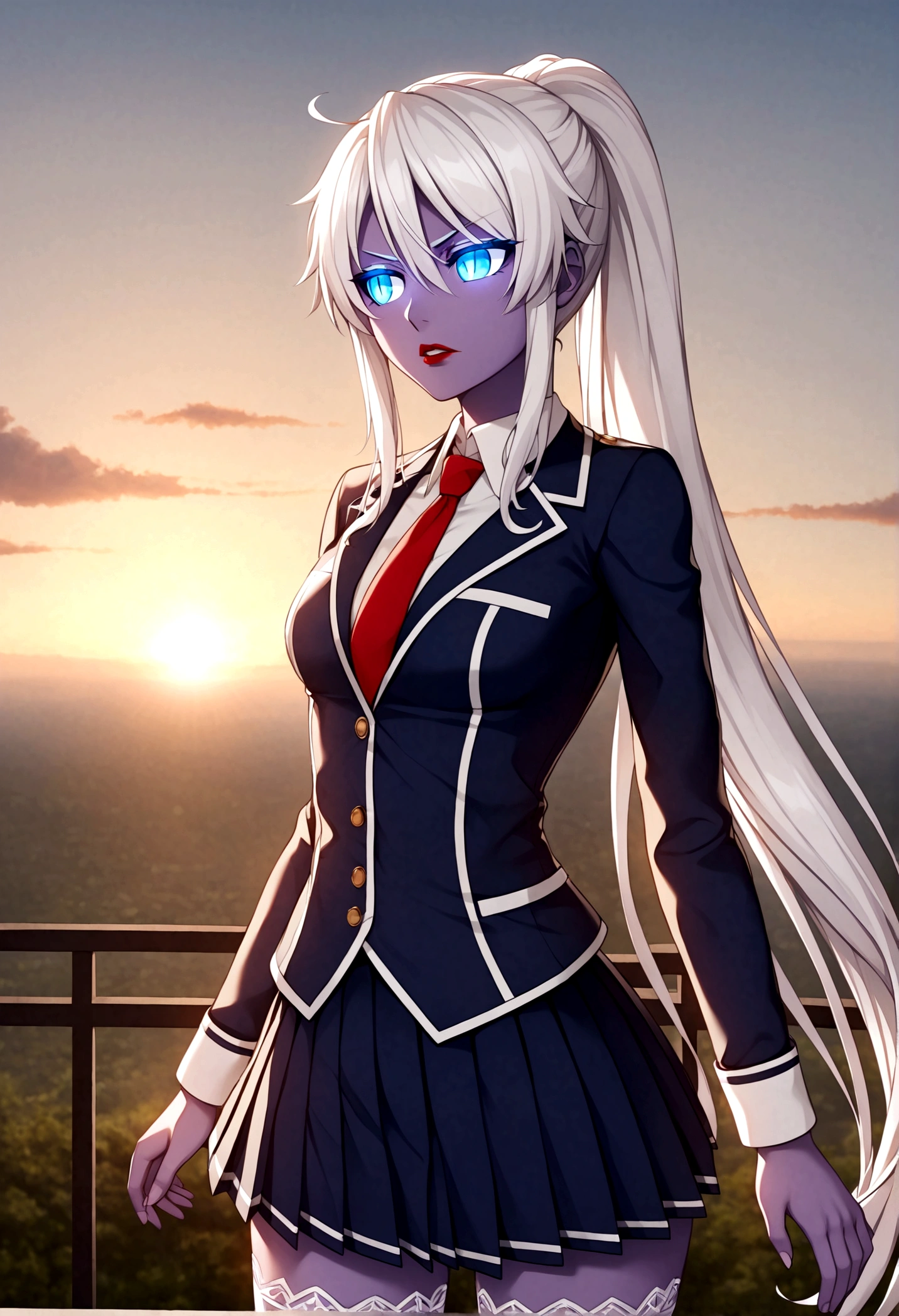 1girl, solo, kiana kaslana (herrscher of finality), looking to down, ponytail, long ponytail, white hair, blue eyes, serious gaze, glowing eyes, solid eyes, sharp eyes, eyeliner, white pupils, bright pupils, slit pupils, purple scales, emotionless, glossy lips, parted lips, red lips, disgusted face, expressive face, small stature, slender body, wide hips, high school student outfit, long sleeves jacket, recruit shirt, white lace thigh highs, collar with tie, pleated short skirt, sunset, perfect face, perfect hands, perfect fingers, non human fingers, perfect design, perfect detailed eyes, beautiful detailed eyes, top quality, best quality, masterpiece, detailed outfit, super detailed, ultra detailed, highly detailed, cinematic lighting, perfect anatomy, CG:1.9, ultra detailed:1.9, ultra-detailed:1.9, high resolution:1.9, high res:1.9, absurdres:1.9, masterpiece:2, high quality:2, best quality:2, (ultra-detailed), (illustration), (disheveled hair), (beautiful detailed eyes), beautiful, amazing, detailed eyes, (masterpiece), best quality, ((ultra-detailed)), ((an extremely detailed and delicate)), (8k cg wallpaper), (stunning art), ((illustration)),