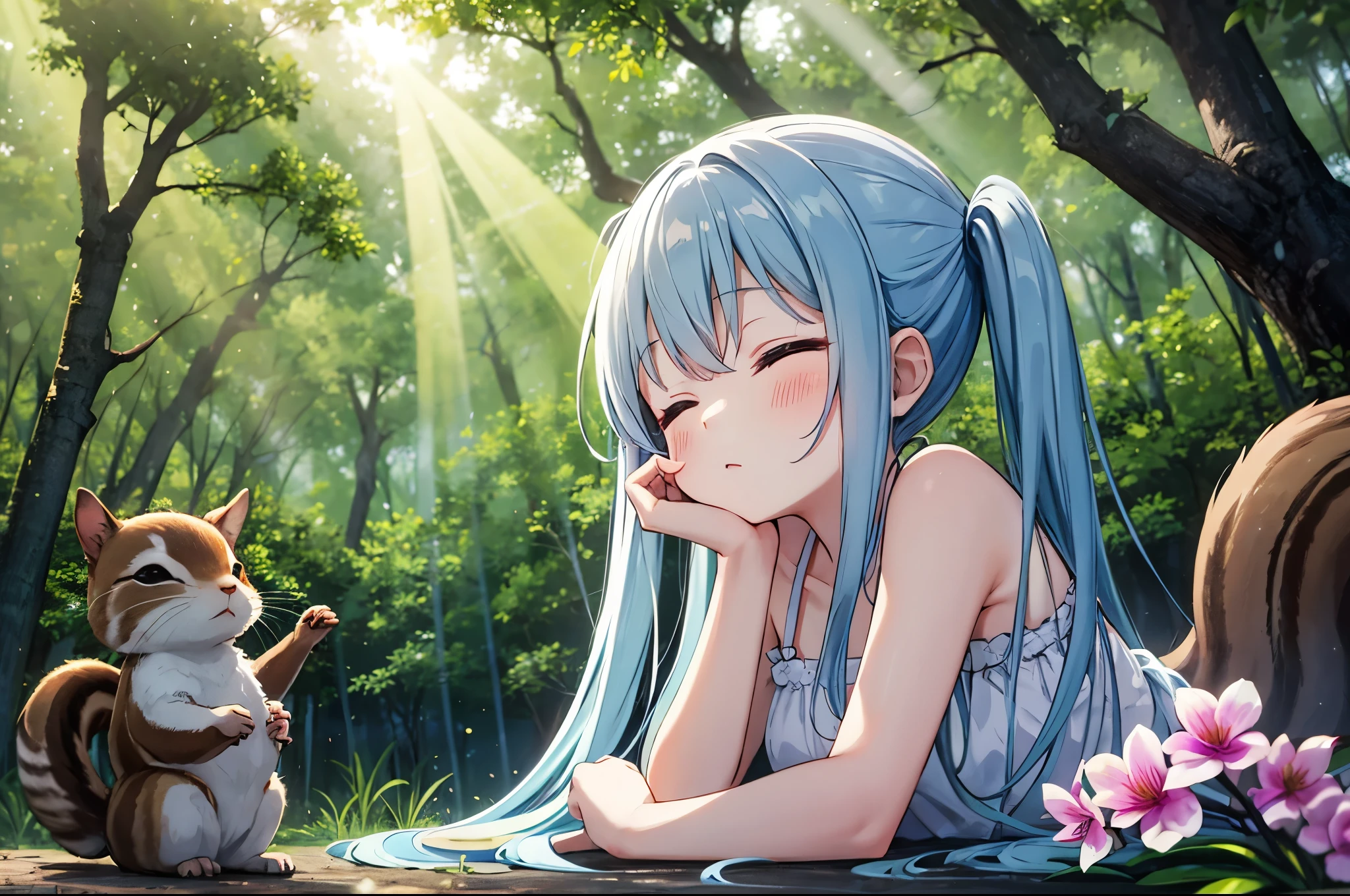 Light blue long hair、Little beautiful girl with twin tails、Bright Forest、wood々Sunlight shining through、Lie comfortably in a forest filled with blooming orchids、Sleepy face、Cute squirrels and rabbits also appear