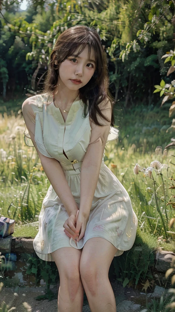 beautiful Asian woman, wearing a dress, white eye lenses, smooth white skin. sitting cross-legged,posing in a beautiful and spacious green meadow with many hills in the background. clear sky, full body view. aerial shot, fisheye lens shot, very realistic, detailed, sharp, best texture