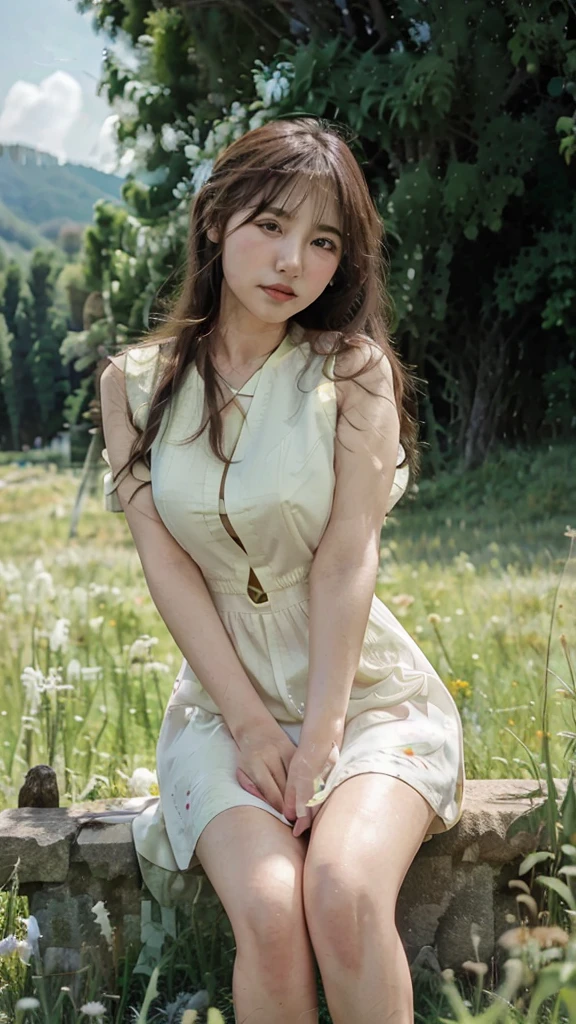 (1 Korean Girl)、top-quality、masterpiece、A high resolution、(Photorealsitic:1.4)、Raw photo、glowy skin、(garden background)、Precipitous cliffs、(Small LED)、((super realistic details))、portlate、globalillumination、Shadow、8K、ultrasharp、、Raw skin is exposed in cleavage, (nsfw:1.4), (naked:1.4), K-Pop Girl, Wendy, (cowboy shot (above knee photoshot):1.4), (short hair), (standing Pose)