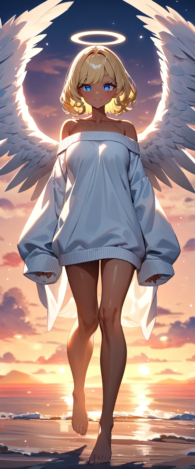 ((angel, big big white wings:1.2, halo:1.3)), full wing, full body, ((tanned skin:1.1)), flying in the sky, ((wavy hair)), evening, Sunset, sea, beach, ((blond hair, bob cut:1.3)), big breasts, ager, (looking at viewer), oversized clothes, puffy long sleeves, collarbone, ((off-shoulder sweater:1.3, Quite thick shoulder straps)), (((sleeves past wrists:1.3))), ((white sweater)), collarbone, head tilt:1.3, (((blue eye))), ((happy smile)), (((anime style))), (best quality, 4K, 8K, highres, masterpiece:1.2, ultra-detailed, ultra-detailed eyes, HDR, uhd, studio lighting, ultra-fine painting, sharp focus, physically-based rendering, extreme detail description, professional, vivid colors, bokeh), ((Highest quality, Best image quality, Ultra-high resolution, Ultra-high resolution, solo, Strong eye highlights)), Depth of written boundary, Natural soft light, attractive, Beautiful Face, Cleanliness, Pure Face, medium chest, Beautiful Face, Perfect Fingers, Perfect hands, Perfect body, Perfect Face, Shine a light into your eyes, Perfect Anatomy