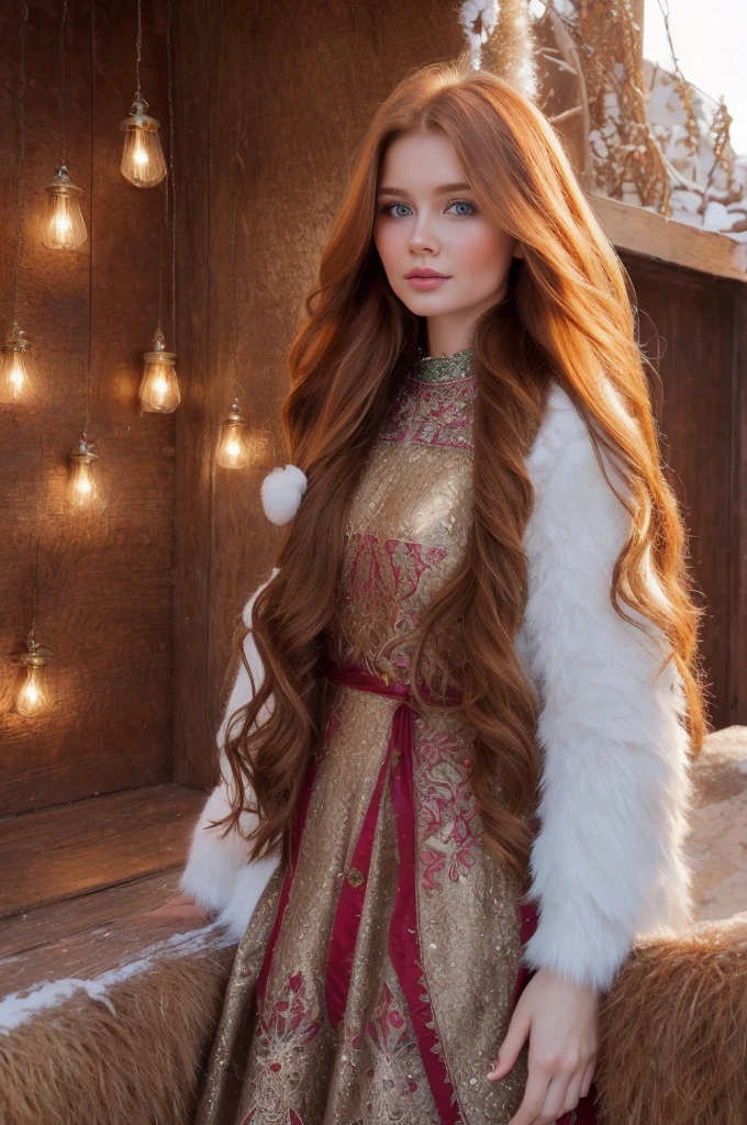 A gorgeous, pretty, shiny, kind-hearted, warm-hearted, sweet, polite, sensitive, friendly, charming, graceful, stylish, classy, alluring, majestic, ethereal, angelical ginger long haired russian woman dressed in traditional winter costumes.