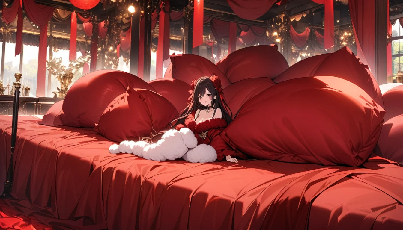 Fluffy red silk duvet、Lots of giant silk pillows、Luxurious fluffy red silk bed